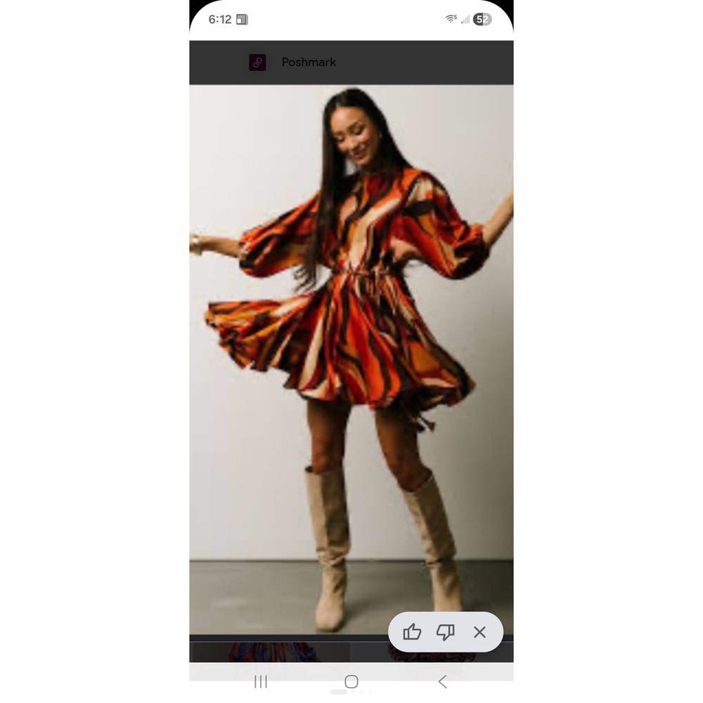 Aakaa Bohme Women Rust Orange Abstract Swirl Balloon Sleeve Mini Dress Small NWT